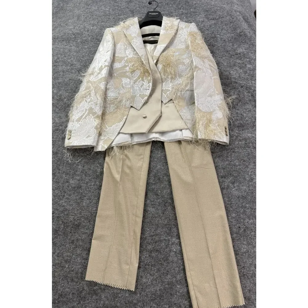 Torres Mens Tuxedo Suit 40 US 50 EU Beige Floral Borcade Tasseled 3pcs Set t12